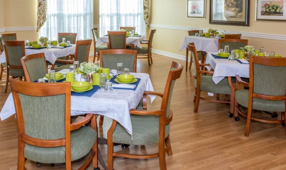 a room with tables and chairs