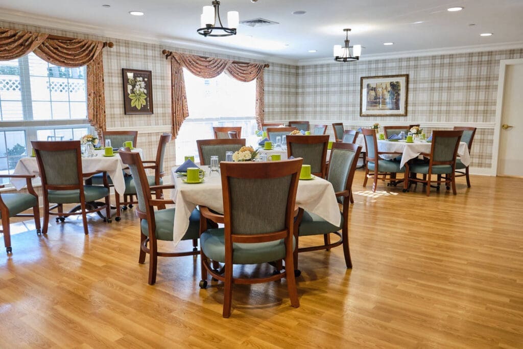 a room with tables and chairs