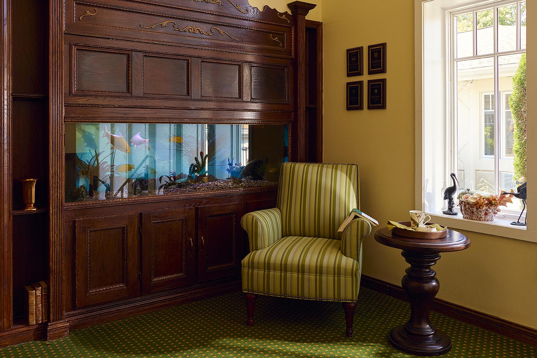 Aquarium side seating to enjoy an afternoon read